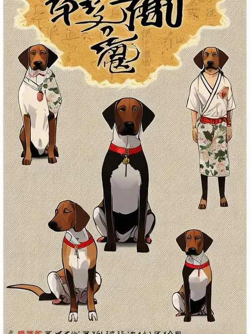 Prompt: black mountain cur dogs in yakuza outfit 90s poster