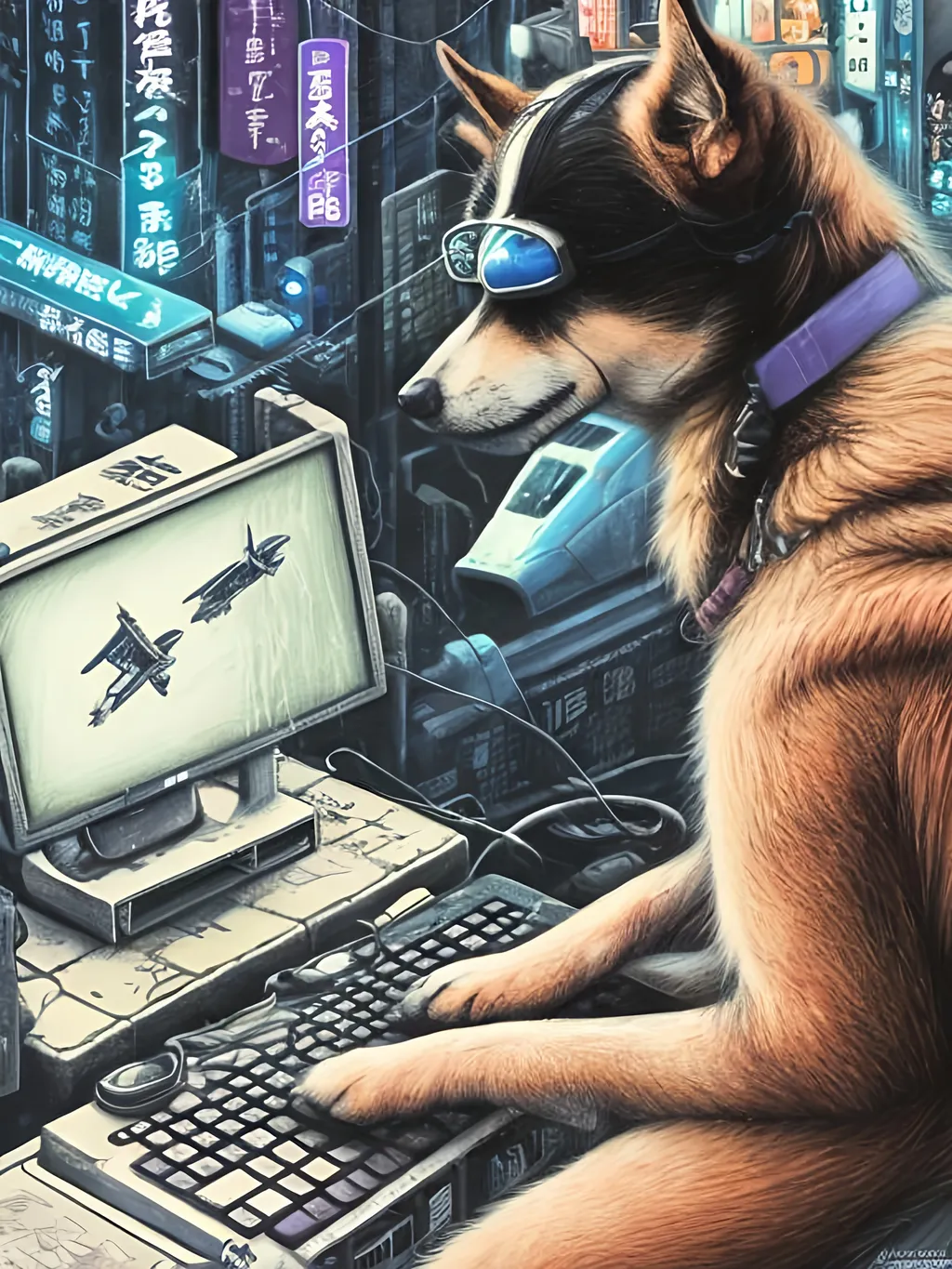 Prompt: chalk pastel art of a detailed dog hacking a computer on the streets in cyberpunk japan with planes in the background, sketch, detailed background, highres, fun atmosphere, natural lighting,  abstract, fun