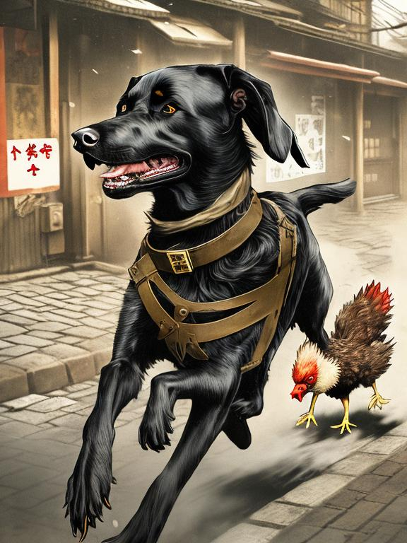 Prompt: a black dog wearing a nazi uniform chasing a chicken in the streets in japan, sketch, detailed background, highres, fun atmosphere, natural lighting, pastel colors, abstract, fun