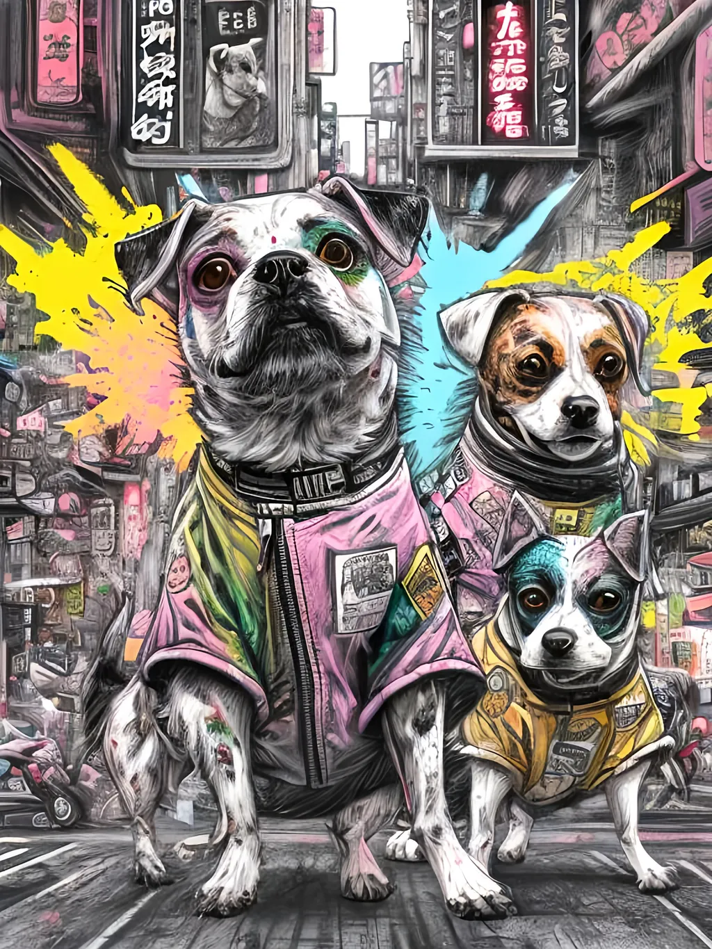 Prompt: pop art chalk pastel art of detailed dogs wearing gangster clothes playing in the streets in cyberpunk japan during a festival, sketch, detailed background, highres, fun atmosphere, natural lighting,  abstract, fun