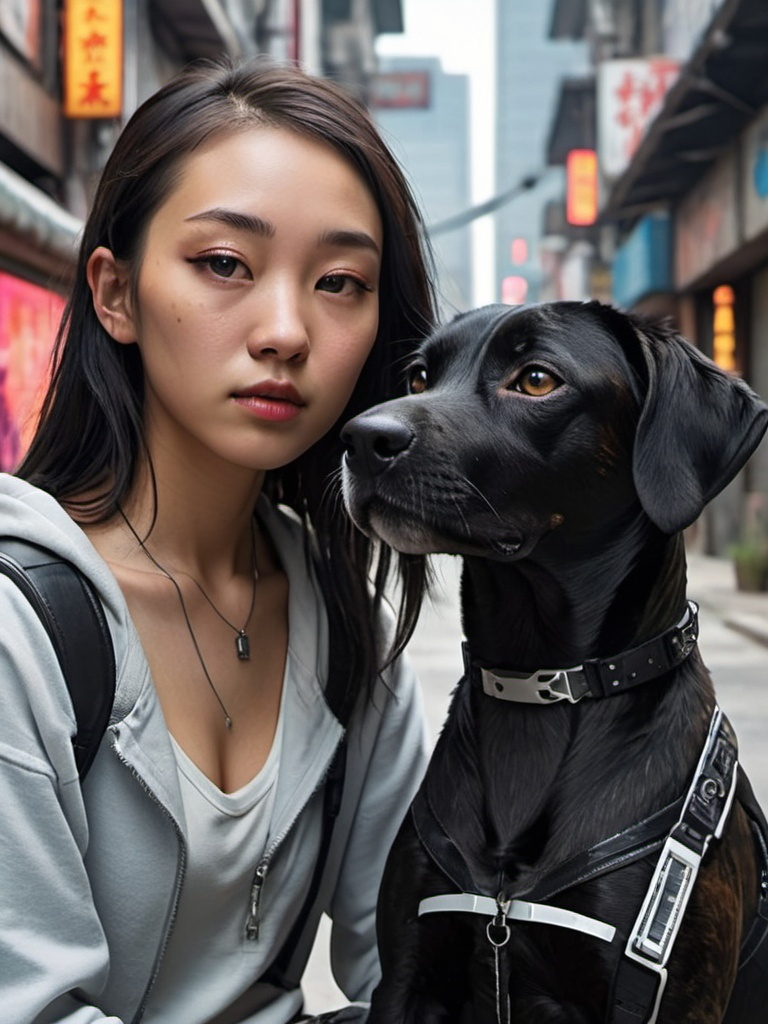 Prompt: mountain cur black dog with half asian girl in cyberpunk city