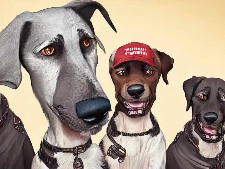 Prompt: black mountain cur dogs dressed in clothes as pro trump supporters