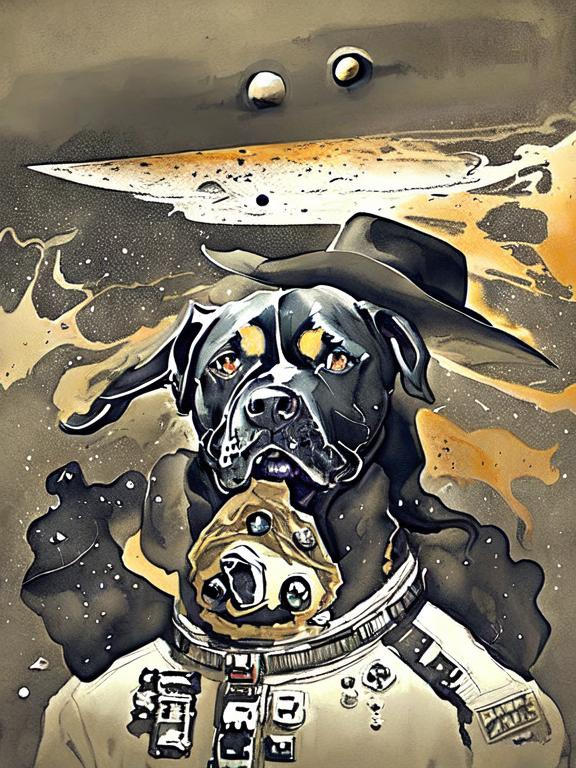 Prompt: Surrealism black dogs in cowboy outfits in space, abstract art style, cowboy hat, eerie atmosphere, floating celestial bodies, mysterious nebulae, dreamlike, surreal, high contrast, otherworldly, abstract, space, astronaut, fun atmosphere, celestial bodies, dreamlike, surreal, high contrast, mysterious, nebulae, dogs