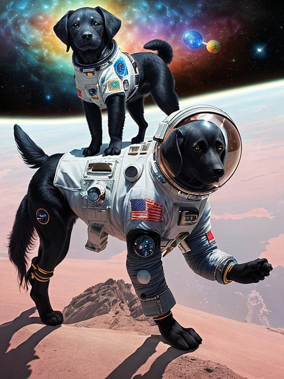 Prompt: Surrealism art, black dogs in astronaut outfits, space background, surrealistic, abstract, detailed fur, cosmic colors, dreamlike atmosphere, high quality, surrealism, astronaut dogs, abstract art, cosmic, detailed, surreal colors, space setting, dreamy lighting