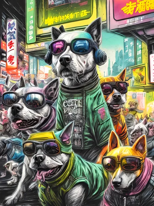 Prompt: pop art chalk pastel art of detailed dogs wearing gangster clothes playing in the streets in cyberpunk japan during a festival, sketch, detailed background, highres, fun atmosphere, natural lighting,  abstract, fun