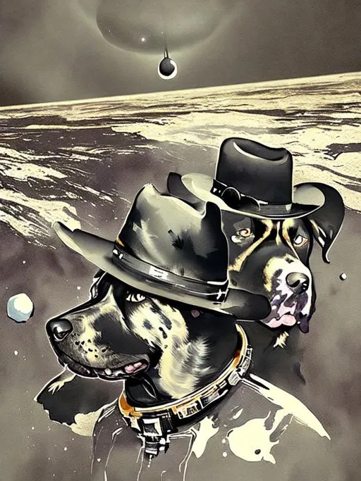 Prompt: Surrealism black dogs in cowboy outfits in space, abstract art style, cowboy hat, fun atmosphere, floating celestial bodies, mysterious nebulae, dreamlike, surreal, high contrast, otherworldly, abstract, space, astronaut, fun atmosphere, celestial bodies, dreamlike, surreal, high contrast, mysterious, nebulae, dogs, Pro trump clothing