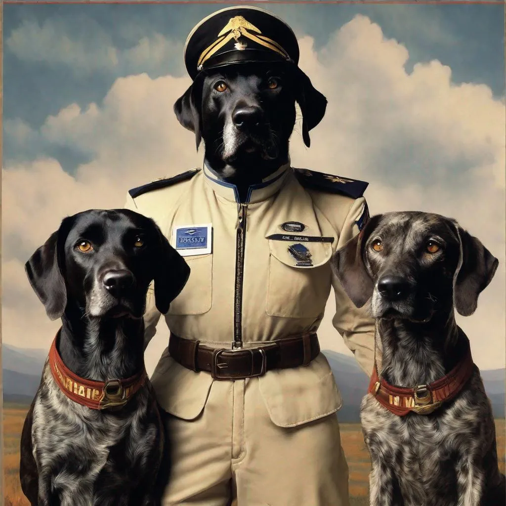 Prompt: mountain cur black dogs in pilots uniform 90s poster