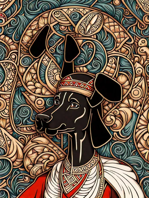 Prompt: black dog in egyptian clothing Art Nouveau style 