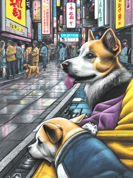 Prompt: pop art chalk pastel art of detailed dog watching tv in the streets in cyberpunk japan during a festival, sketch, detailed background, highres, fun atmosphere, natural lighting,  abstract, fun