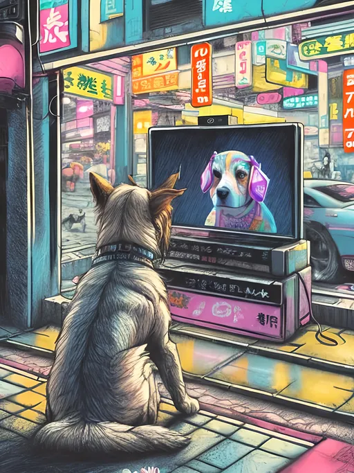 Prompt: pop art chalk pastel art of detailed dog watching tv in the streets in cyberpunk japan during a festival, sketch, detailed background, highres, fun atmosphere, natural lighting,  abstract, fun