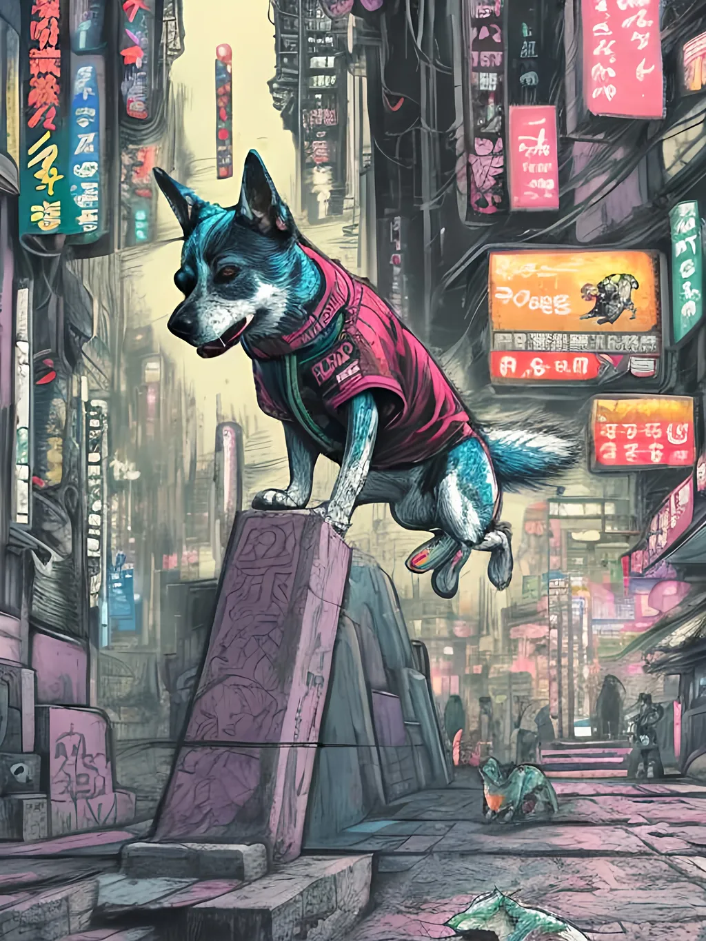 Prompt: pop art chalk pastel art of detailed dog doing parkour in cyberpunk japan during a festival, sketch, detailed background, highres, fun atmosphere, natural lighting,  abstract, fun