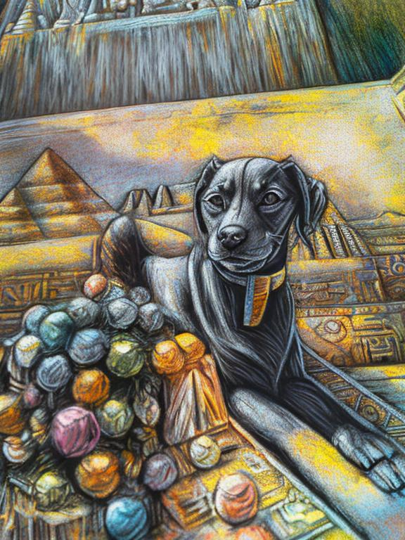 Prompt: chalk pastel art of detailed dog as the sphinx in egypt, sketch, detailed background, highres, fun atmosphere, natural lighting,  abstract, fun