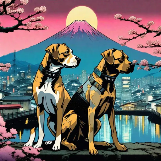 Prompt: black mountain cur dogs in cyberpunk hiroshige