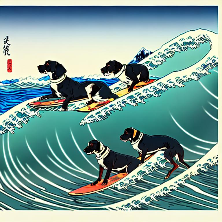 Prompt: black mountain cur dogs surfing in hiroshige wave 