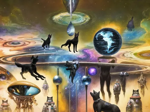 Prompt: Surrealism art, black dogs in astronaut outfits, space background, surrealistic, abstract, detailed fur, cosmic colors, dreamlike atmosphere, high quality, surrealism, astronaut dogs, abstract art, cosmic, detailed, surreal colors, space setting, dreamy lighting