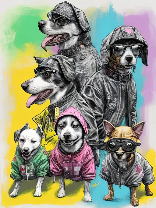 Prompt: pop art chalk pastel art of detailed dogs wearing gangster clothes playing in the streets in cyberpunk japan during a festival, sketch, detailed background, highres, fun atmosphere, natural lighting,  abstract, fun