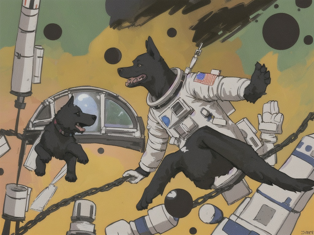 Prompt: abstract style art of black dogs in space in astronaut outfits