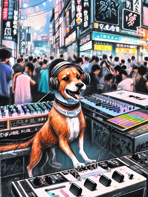 Prompt: chalk pastel art of detailed dog DJing in the streets in Japan during a festival, sketch, detailed background, highres, fun atmosphere, natural lighting,  abstract, fun