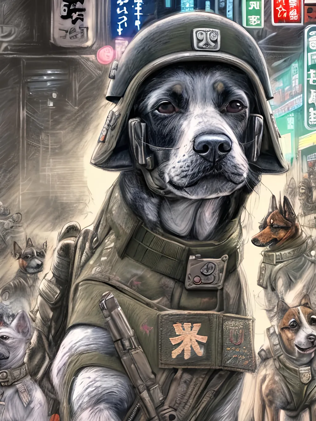 Prompt: chalk pastel art of a detailed dogs wearing military uniforms on the streets in cyberpunk japan during a festival, sketch, detailed background, highres, fun atmosphere, natural lighting,  abstract, fun