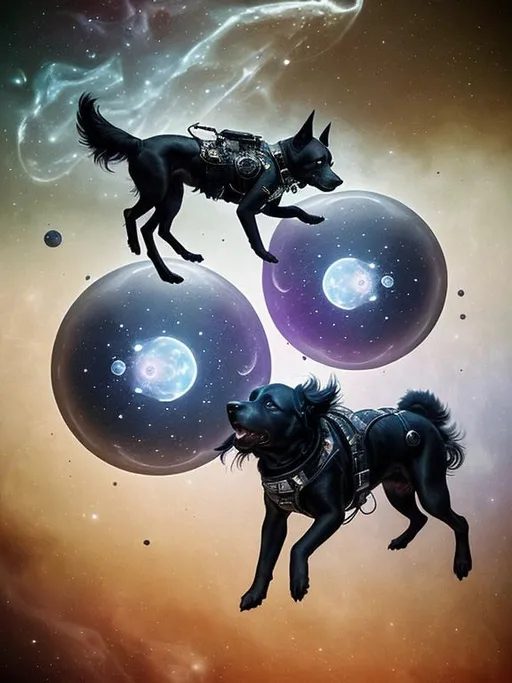 Prompt: Surrealism black dogs in cowboy outfits in space, abstract art style, eerie atmosphere, floating celestial bodies, mysterious nebulae, dreamlike, surreal, high contrast, otherworldly, abstract, space, astronaut, eerie atmosphere, celestial bodies, dreamlike, surreal, high contrast, mysterious, nebulae, dogs