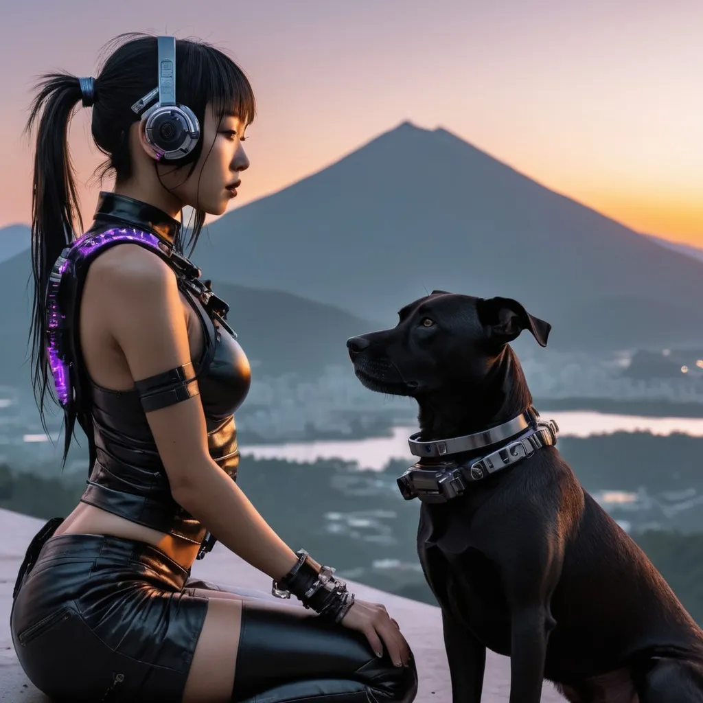 Prompt: sunset cyberpunk with mountain cur black dog and asian girl