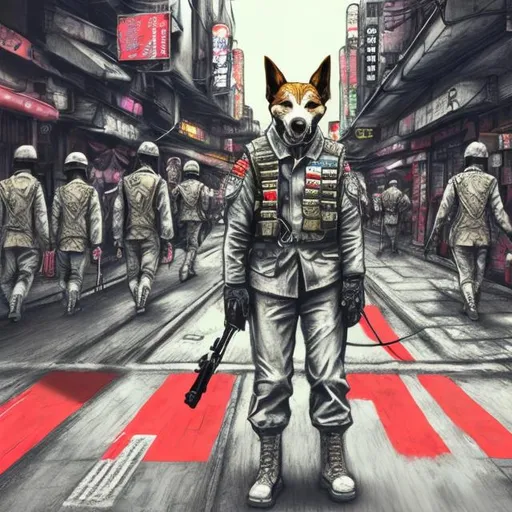 Prompt: pop art chalk pastel art of detailed dog wearing military uniforms<mymodel> playing in the streets in cyberpunk japan during a festival, sketch, detailed background, highres, fun atmosphere, natural lighting,  abstract, fun