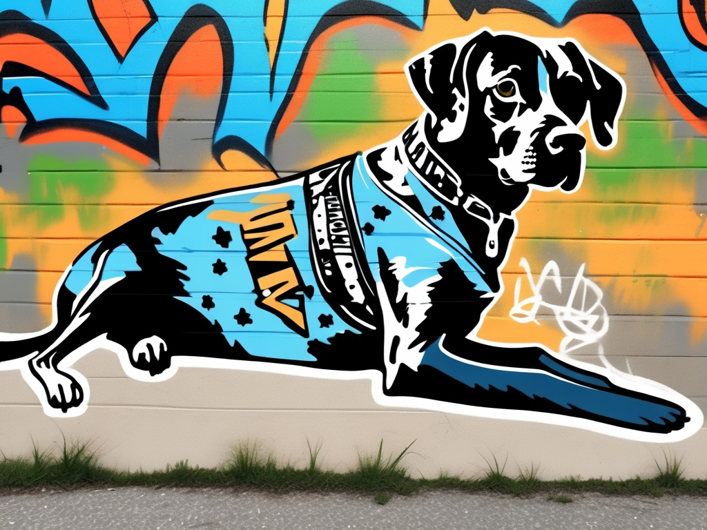 Prompt: Mountain cur black dog in redneck clothing graffiti art style