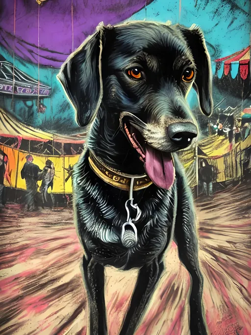 Prompt: Detailed mountain cur all black dog at a circus, festival, pop art chalk pastel, grunge, highres, abstract, natural lighting, lively atmosphere, fun, vibrant, happy-go-lucky, detailed dogs, detailed eyes, detailed fur, festive, flying, post-apocalyptic, Japan, chalk pastel, detailed background, grunge style, abstract art, high quality, natural lighting