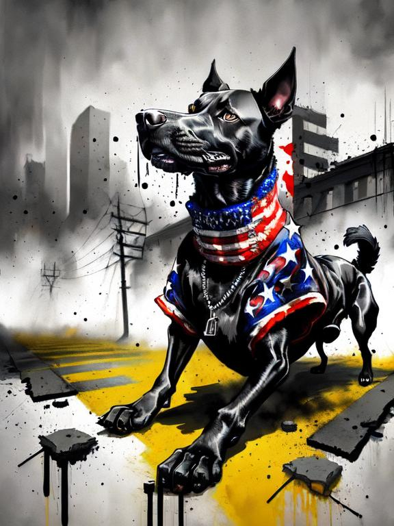 Prompt: surreal, Abstract art of a black dogs in gangster clothes, graffiti, streets, patriotic, detailed, atmospheric lighting, battle in the background, highres, abstract, gangster, detailed clothing, patriotic theme, streets, atmospheric lighting, dogs