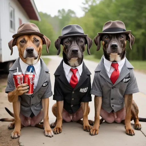 Prompt: black mountain cur dogs dressed like gangster drinking soda