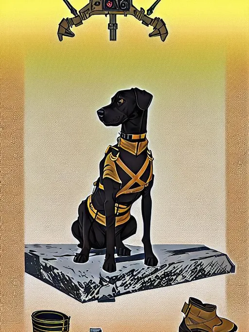 Prompt: black mountain cur dog in military gear in egypt 90s poster