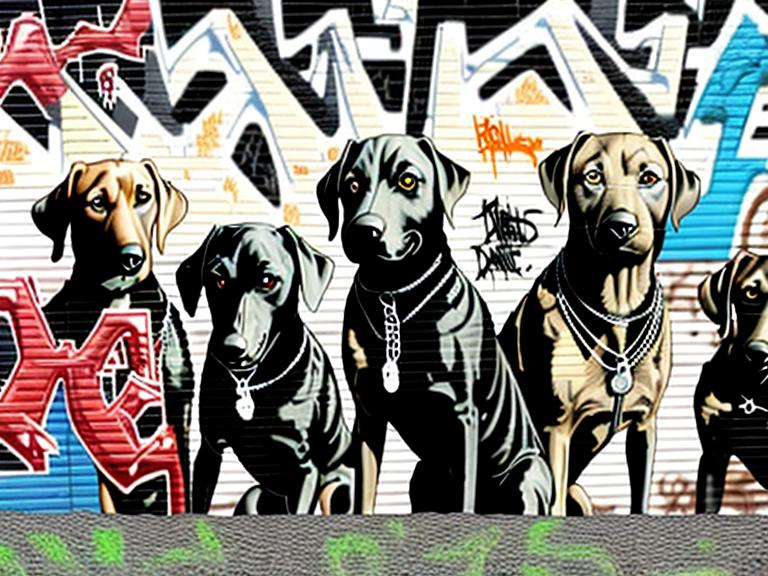 Prompt: mountain cur black dogs in gangster clothing graffiti