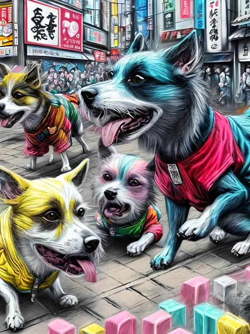 Prompt: pop art chalk pastel art of detailed dogs wearing gangster clothes playing in the streets in japan during a festival, sketch, detailed background, highres, fun atmosphere, natural lighting,  abstract, fun