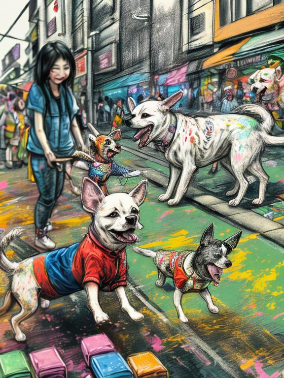 Prompt: pop art chalk pastel art of detailed dogs wearing clothes playing in the streets in japan during a festival, sketch, detailed background, highres, fun atmosphere, natural lighting,  abstract, fun