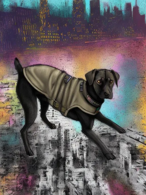 Prompt: pastel chalk pop art, mountain cur all black dog in a pilot uniform, detailed city background