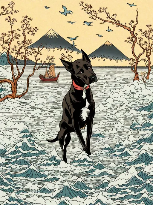 Prompt: black mountain cur dogs in hiroshige wave and pyramids