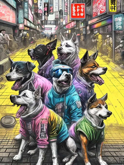 Prompt: pop art chalk pastel art of detailed dogs wearing gangster clothes playing in the streets in cyberpunk japan during a festival, sketch, detailed background, highres, fun atmosphere, natural lighting,  abstract, fun