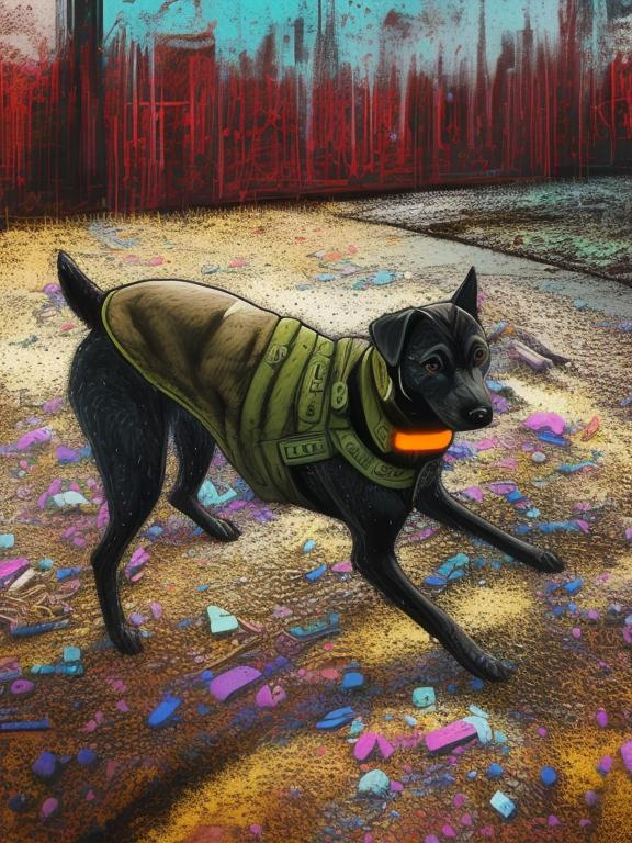 Prompt: Detailed pastel chalk pop art of an all-black mountain cur dog in a school uniform, cyberpunk city background, detailed fur with cool reflections, intense and focused gaze, high-tech collar, highres, pop art, pastel chalk, cyberpunk, detailed eyes, school uniform, detailed background, professional, atmospheric lighting