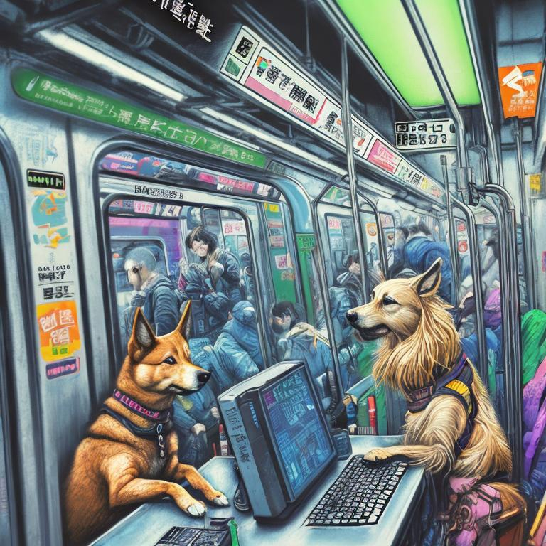 Prompt: pop art chalk pastel art of a detailed dog hacking a computer on the subway train in cyberpunk japan with planes in the background, sketch, detailed background, highres, fun atmosphere, natural lighting,  abstract, fun