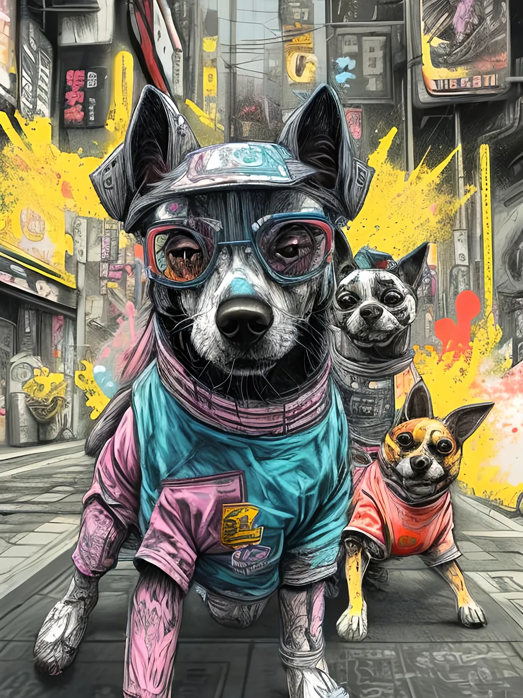 Prompt: pop art chalk pastel art of detailed dogs wearing gangster clothes playing in the streets in cyberpunk japan during a festival, sketch, detailed background, highres, fun atmosphere, natural lighting,  abstract, fun