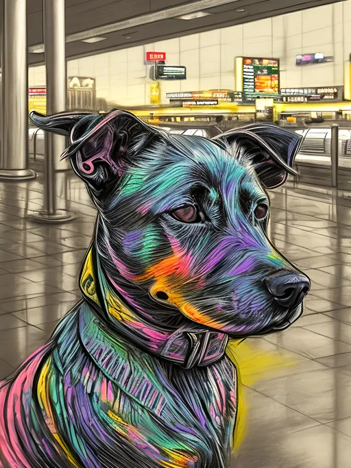 Prompt: pop art chalk pastel art of detailed dog at an airport in cyberpunk japan, sketch, detailed background, highres, fun atmosphere, natural lighting,  abstract, fun