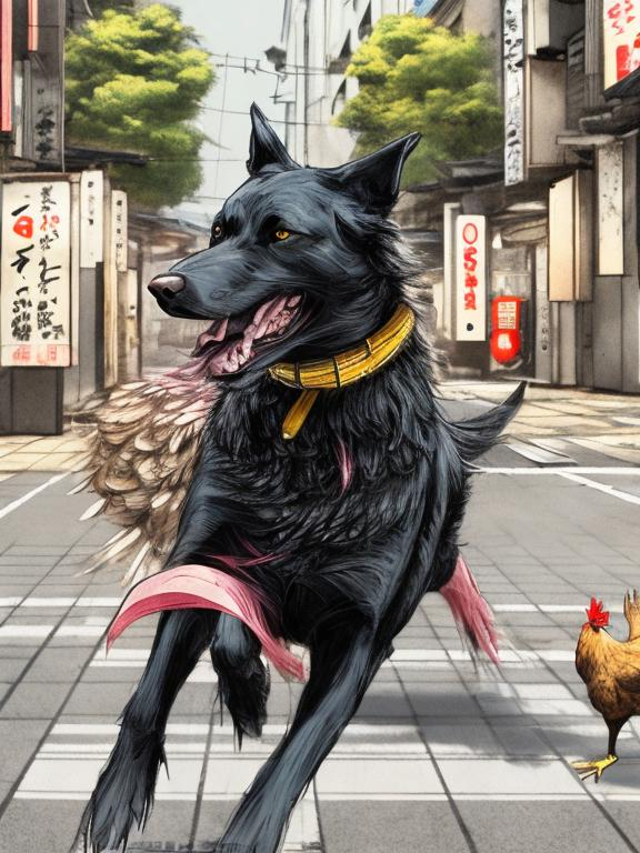 Prompt: a black dog wearing clothes chasing a chicken in the streets in japan, sketch, detailed background, highres, fun atmosphere, natural lighting, pastel colors, abstract, fun