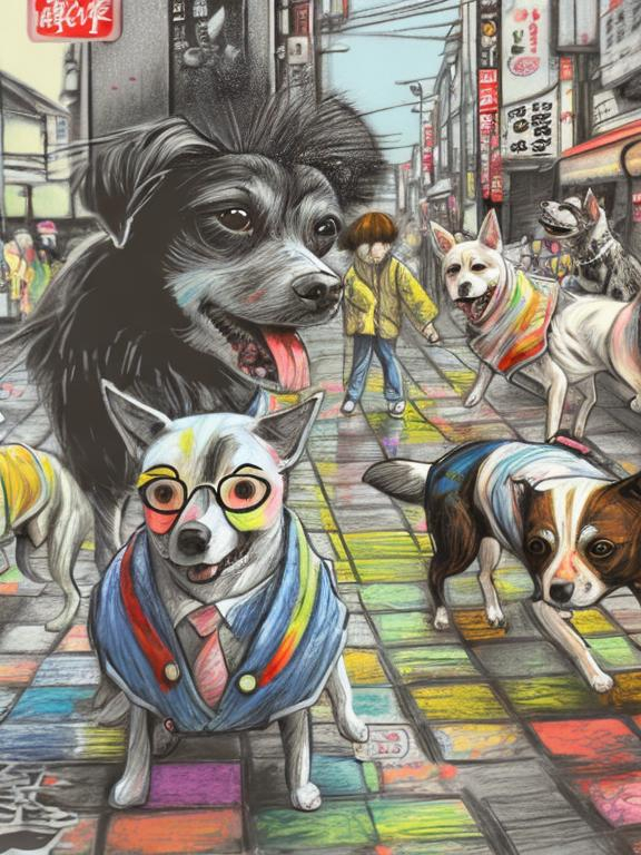 Prompt: pop art chalk pastel art of detailed dogs wearing clothes playing in the streets in japan during a festival, sketch, detailed background, highres, fun atmosphere, natural lighting,  abstract, fun