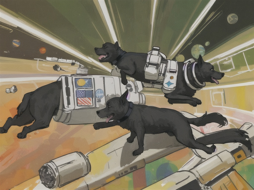 Prompt: abstract style art of black dogs in space in astronaut outfits