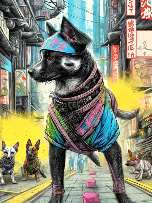 Prompt: pop art chalk pastel art of detailed dogs wearing ninja clothes playing in the streets in cyberpunk japan during a festival, sketch, detailed background, highres, fun atmosphere, natural lighting,  abstract, fun