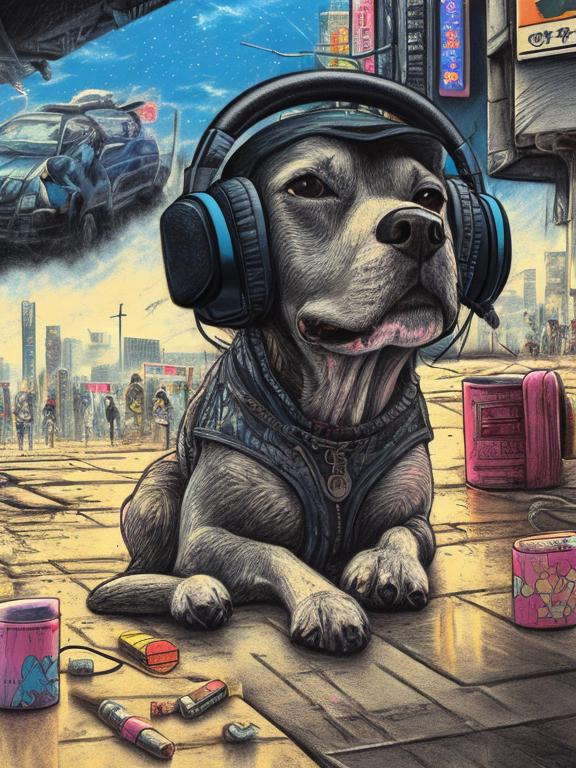 Prompt: pop art chalk pastel art of a detailed dog listening to music on the streets in post-apocalyptic Japan during a festival with planes in the background, sketch, detailed background, highres, fun atmosphere, natural lighting,  abstract, fun