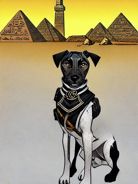 Prompt: black mountain cur dog in military gear in egypt 90s poster