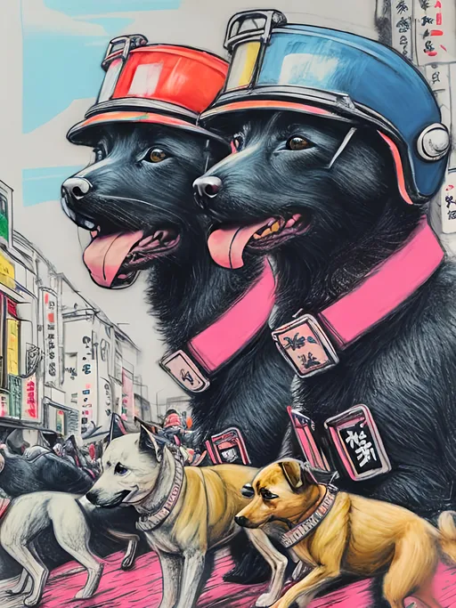 Prompt: pop art chalk pastel art of detailed dogs wearing pilot uniforms playing in the streets in japan during a festival, sketch, detailed background, highres, fun atmosphere, natural lighting,  abstract, fun