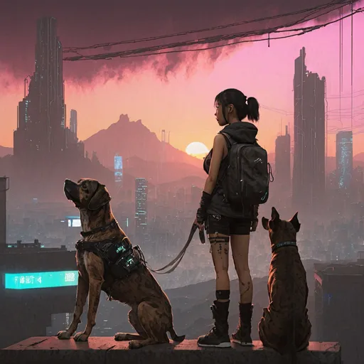 Prompt: sunset cyberpunk city with dogs mountain cur and asian girl
