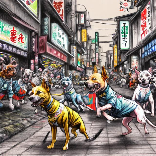 Prompt: pop art chalk pastel art of detailed dogs wearing gangster clothes playing in the streets in japan during a festival, sketch, detailed background, highres, fun atmosphere, natural lighting,  abstract, fun